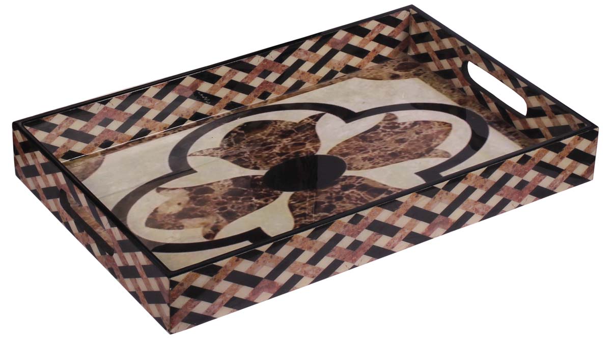 Buy in Bulk Wholesale Serving Tray in MDF - Brown Cream - 16” Hand-Crafted Decorative Tray with Enamelled Floral Art - Classic Serve-Ware/Decor/Gifts from India